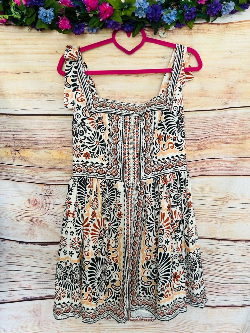 Avec Les Filles Casablanca Tile Linen Blend Bow-Strap Fit & Flare Mini Dress NWT - Picture 9 of 16
